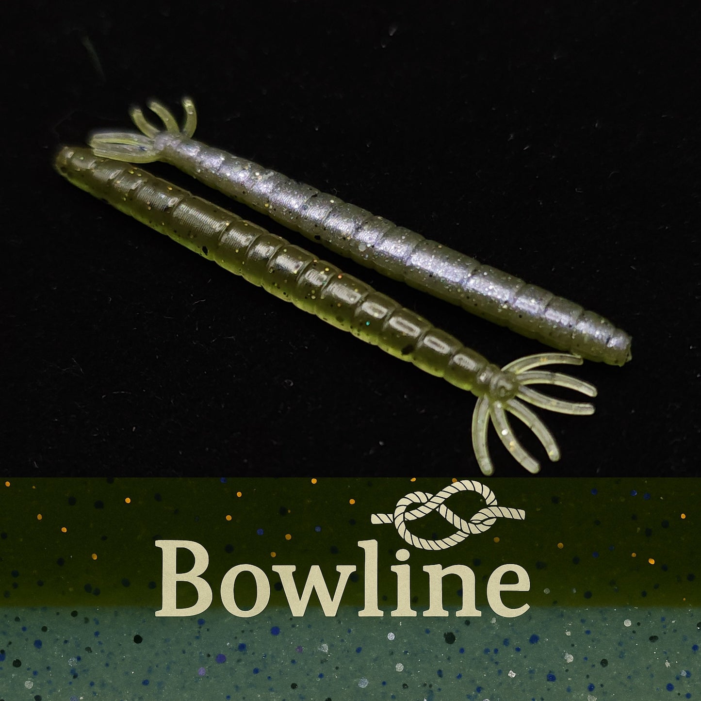 Two green fishing lures on a black background with 'Bowline' branding.