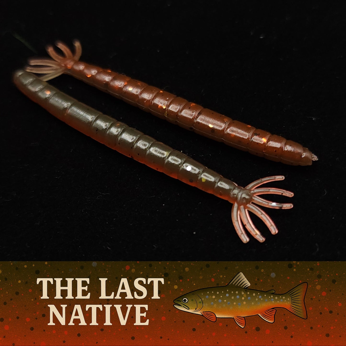 Two fishing lures with a 'The Last Native' logo on a dark background