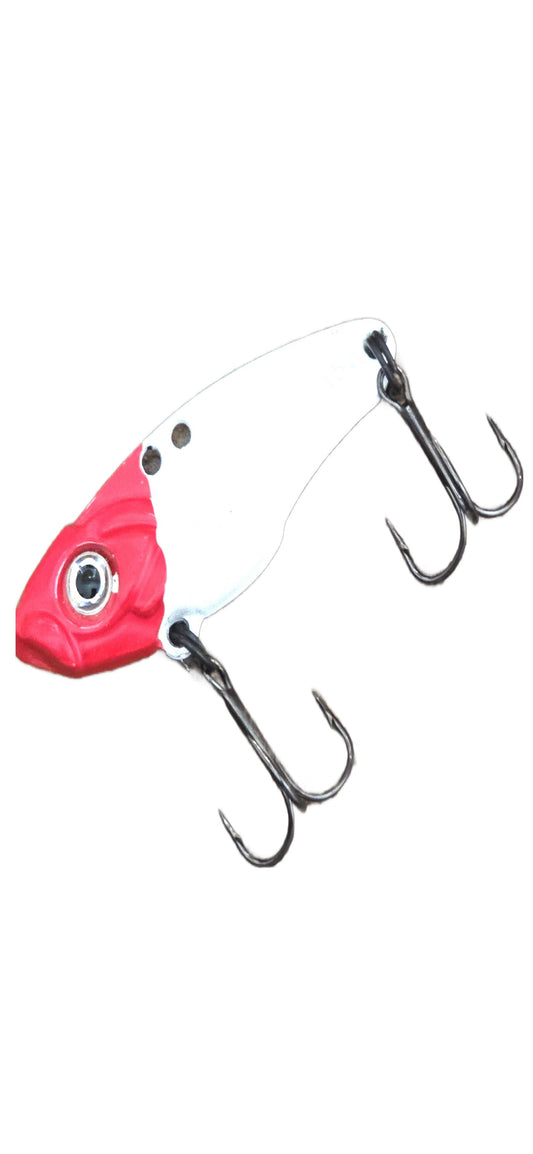 Red and white fishing lure with multiple hooks on a white background