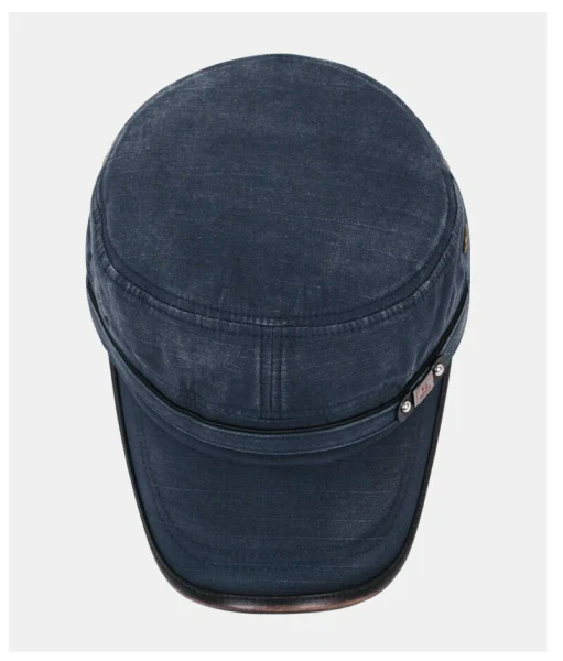 Flat-top Leather-trimmed Vintage Cotton Hat Adjustable -Blue