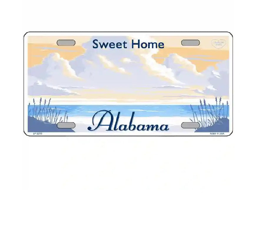 License plate with 'Sweet Home Alabama' text and scenic design on a white background