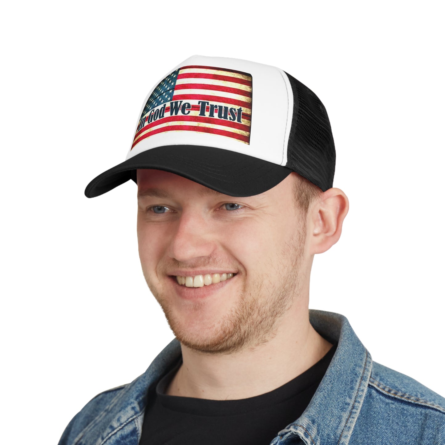 Model Wearing In GOD We Trust On American Flag Mesh Ball Cap