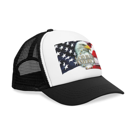 Side View GOD Bless America US Flag and Eagle Mesh Ball Cap