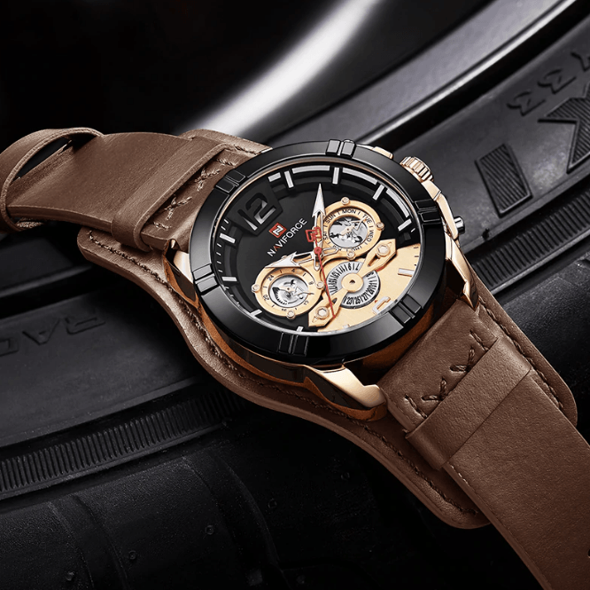 Men's Leather Waterproof Watch With Chronometers And Fluorescent Hands Excellent Design Perfect Gift