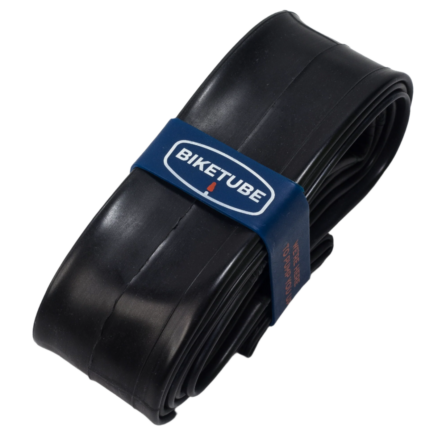 Black bicycle inner tube with a blue band labeled 'BIKETUBE' on a white background
