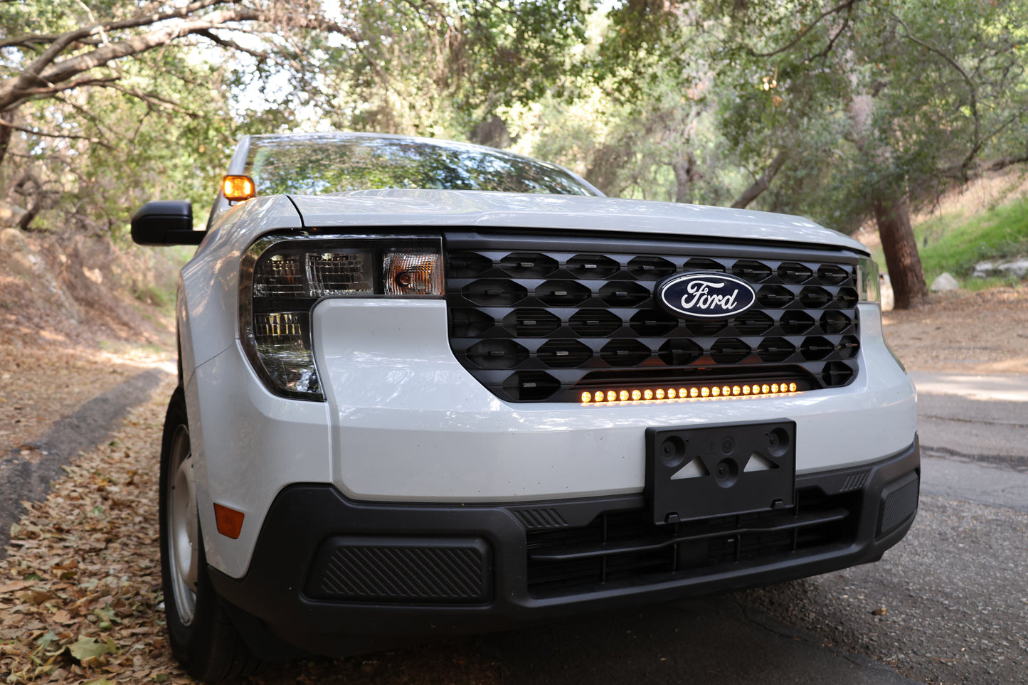 White Ford vehicle with LED light bar with a prominent grille in a forest setting