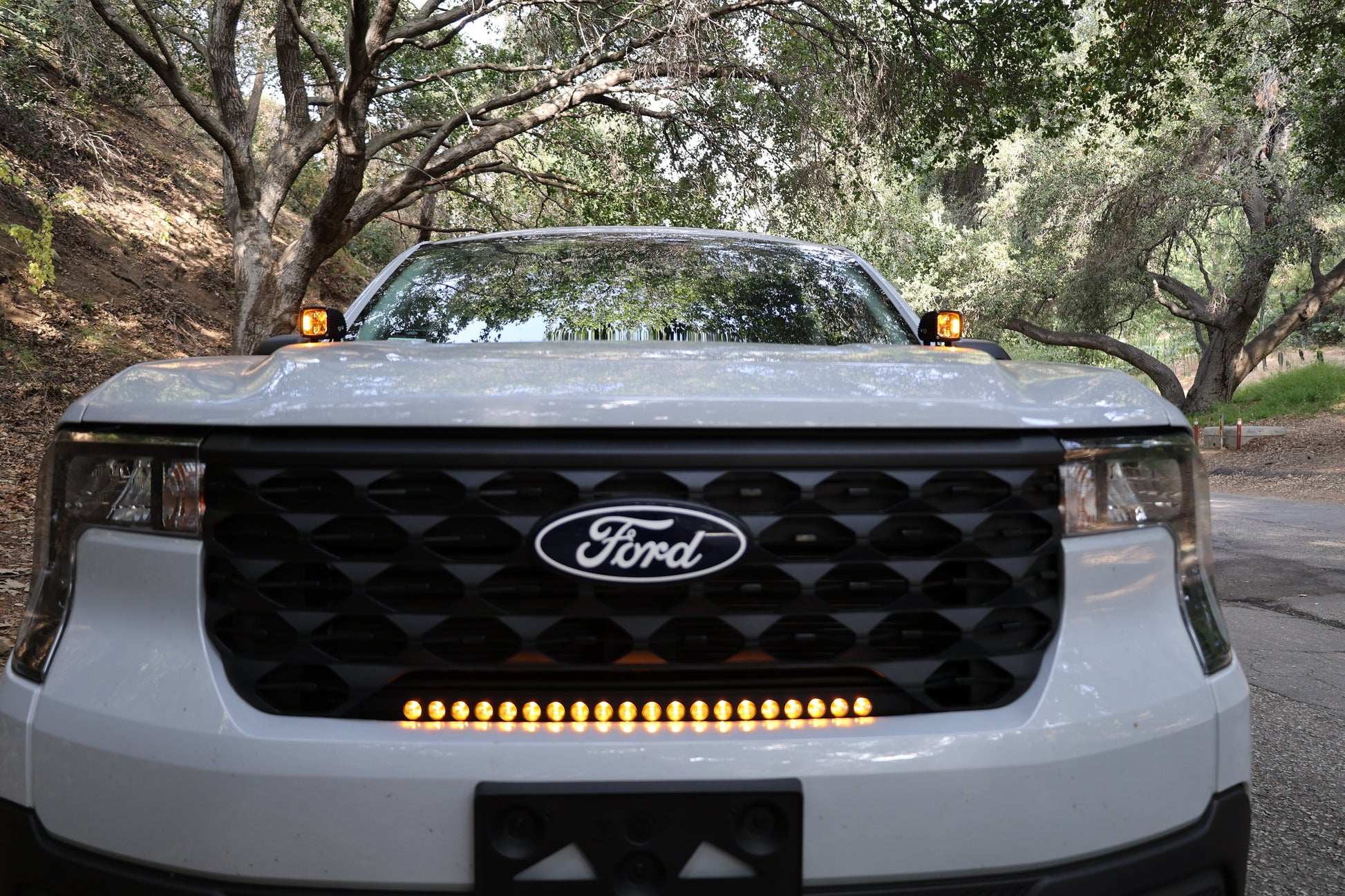 Ford truck with illuminated grille in a forest setting