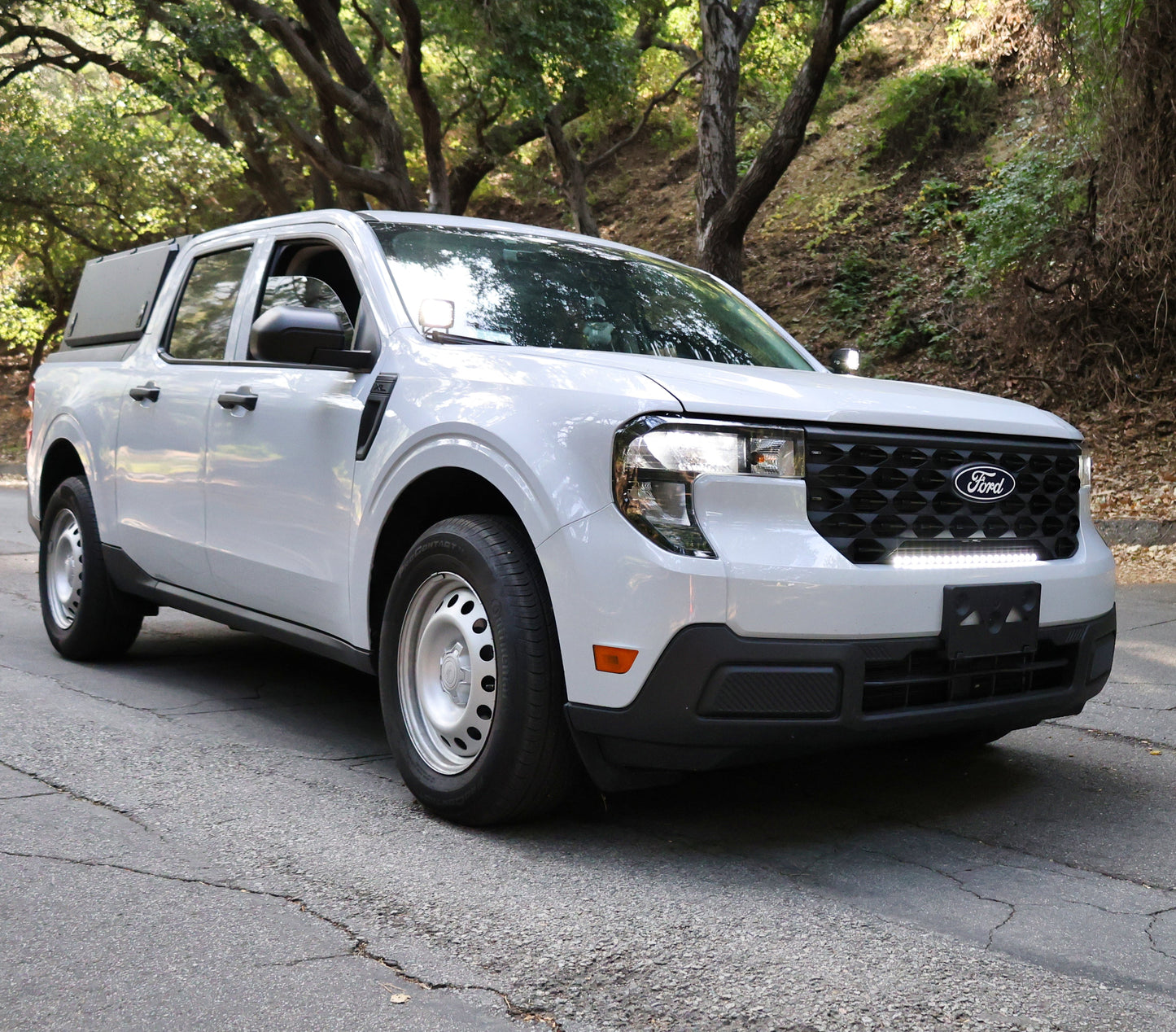 White Ford truck with light bar on a road with trees in the background
