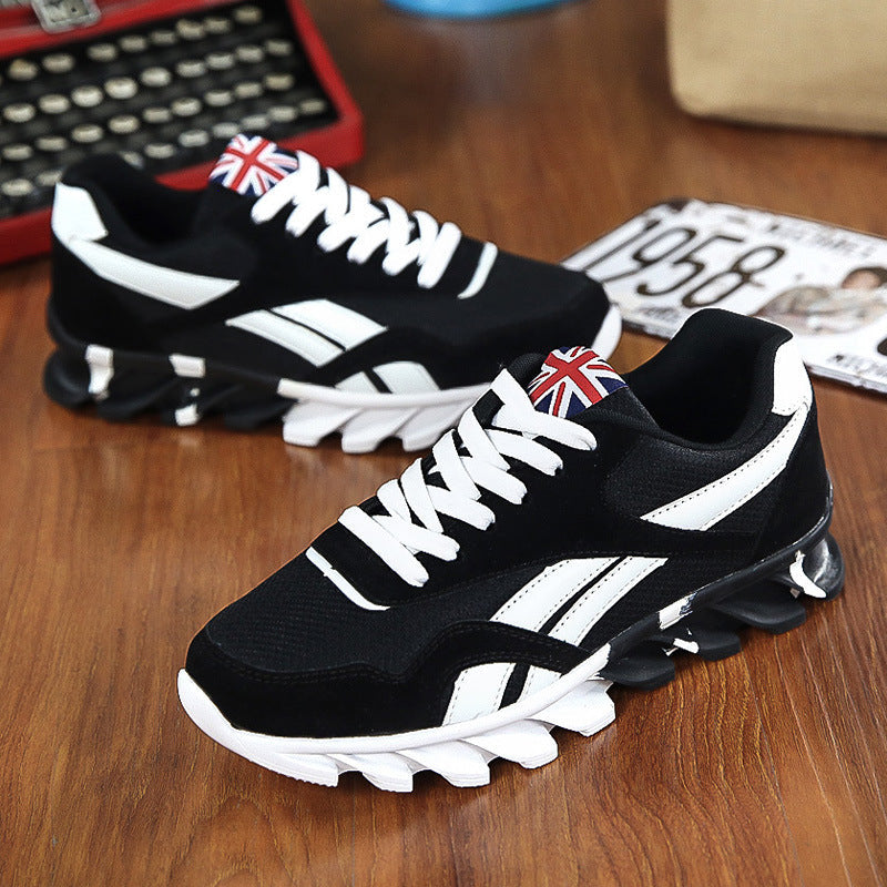 Black and white sneakers with Union Jack details on a wooden surface