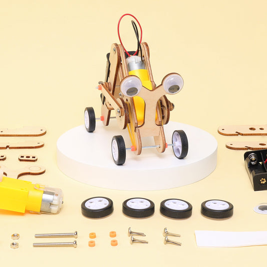 Wooden toy car kit with components on a yellow background