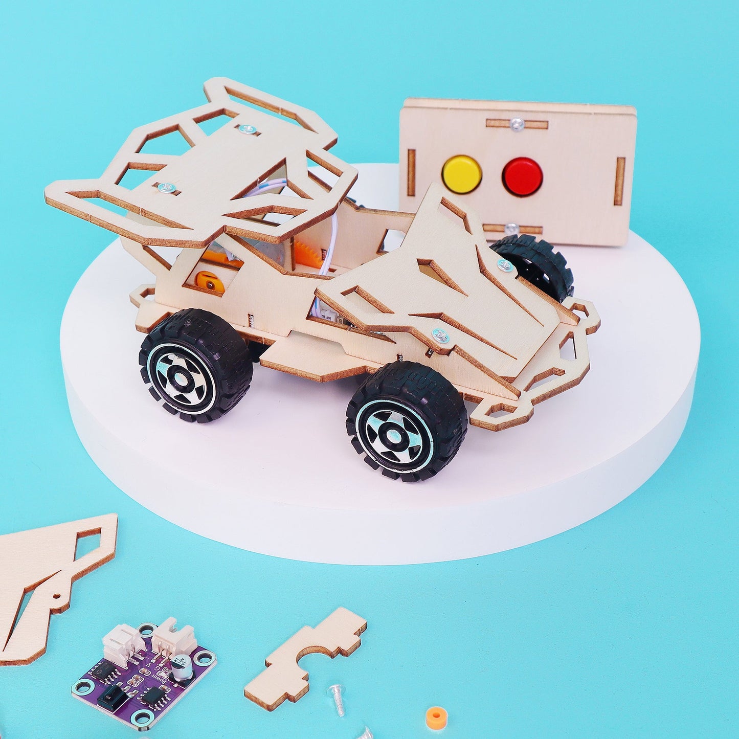 Wooden toy vehicle kit on a blue background