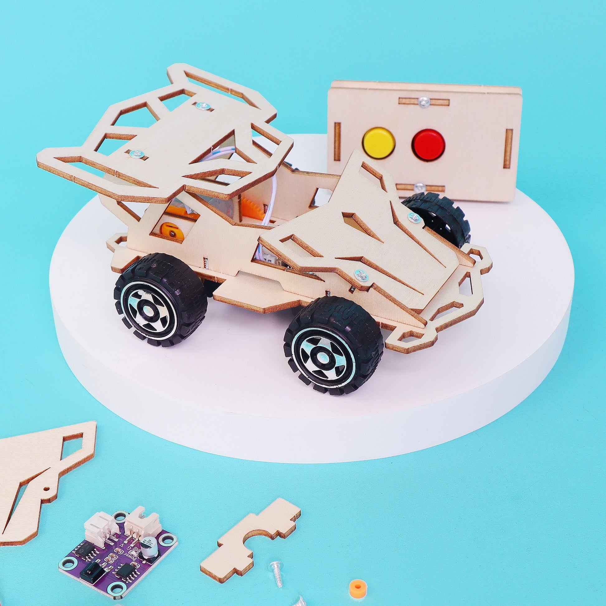 Wooden toy vehicle kit on a blue background