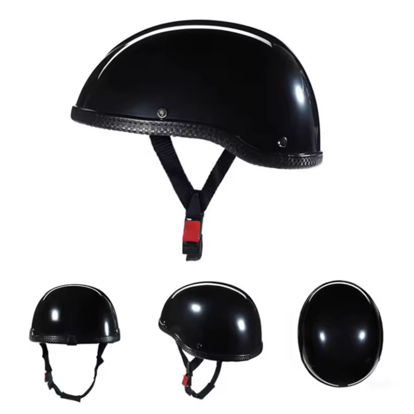 Black motorcycle helmet with chin strap on a white background
