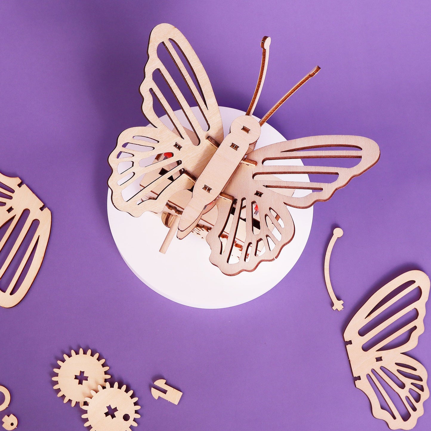 Wooden butterfly puzzle on a purple background