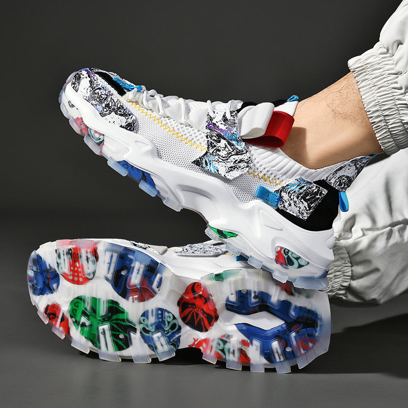 Colorful sneakers with a transparent sole on a dark background