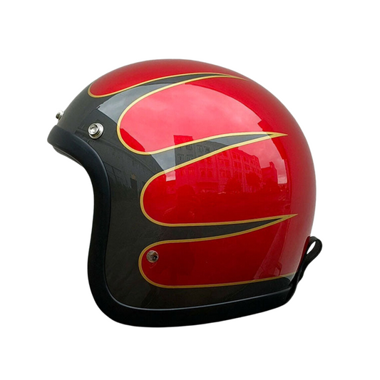 Red and black motorcycle helmet with gold accents on a white background