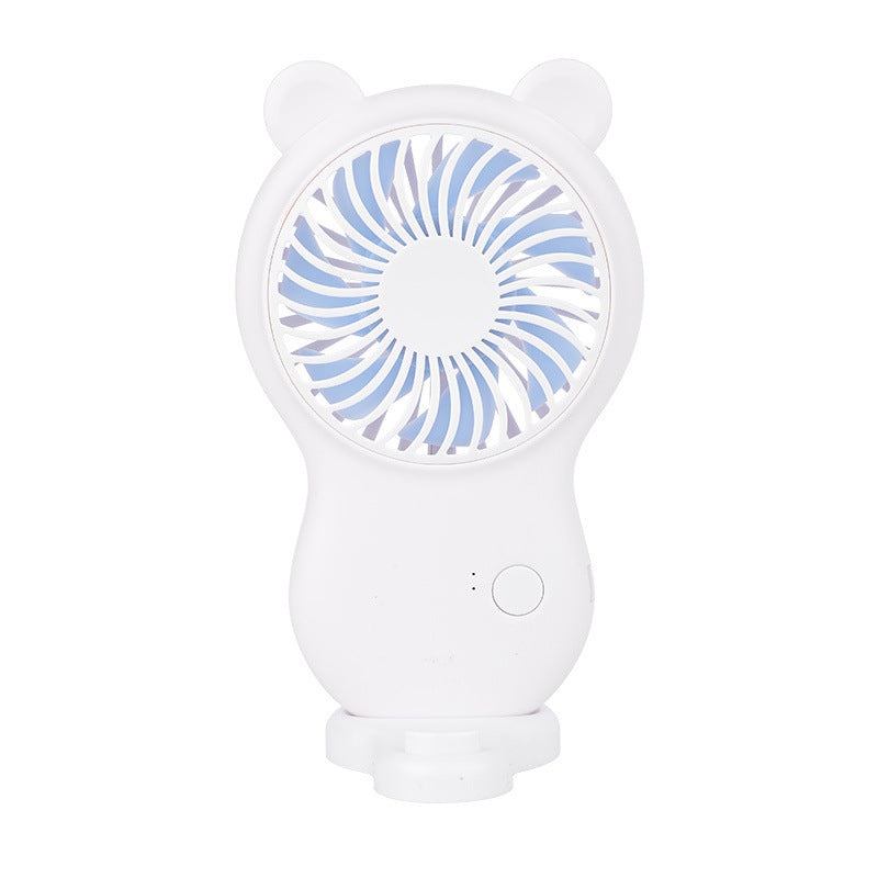 White handheld fan with blue blades on a white background