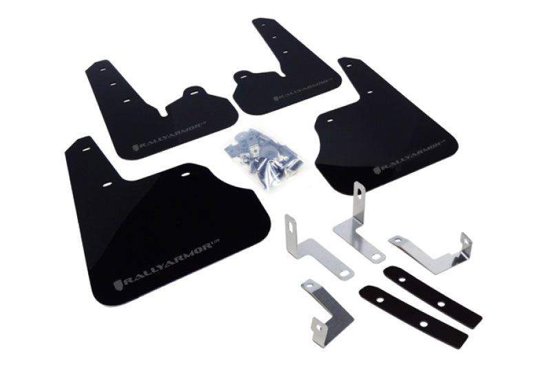 Set of black mud flaps with mounting brackets on a white background