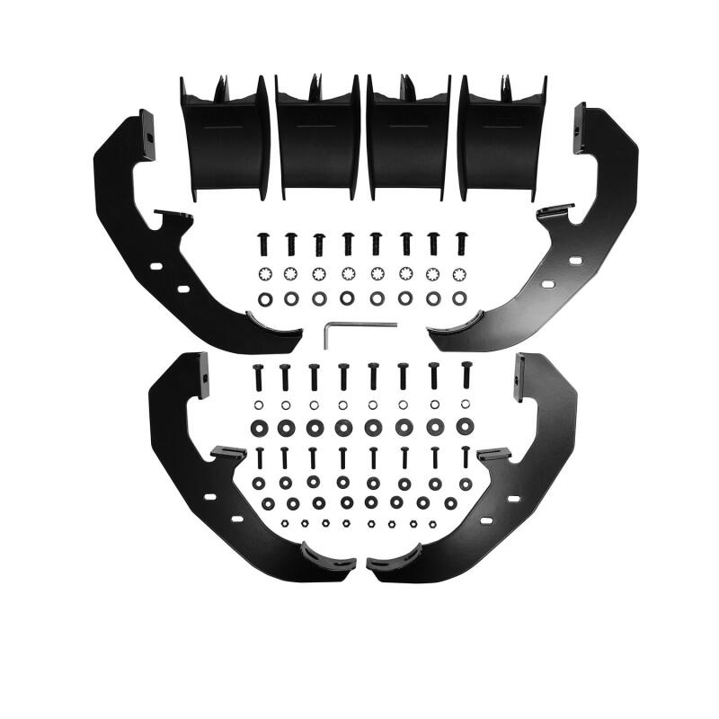 Black metal vehicle lift kit with screws on a white background