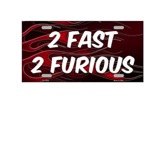 License plate with '2 Fast 2 Furious' text on a red and black background
