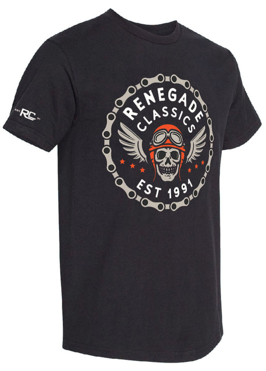 Side View Black crew neck t-shirt with a front print of a skull and wings design, and the text 'RENEGADE CLASSICS EST 1991'.