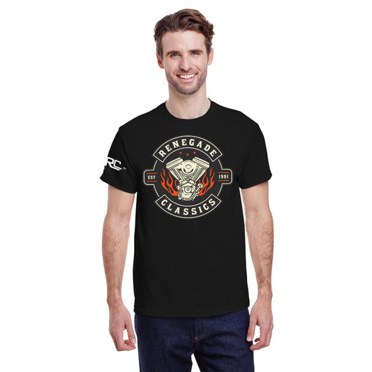 Man wearing Black crew neck t-shirt with 'Renegade Classics' graphic print in the center, featuring a engine and flame design.
