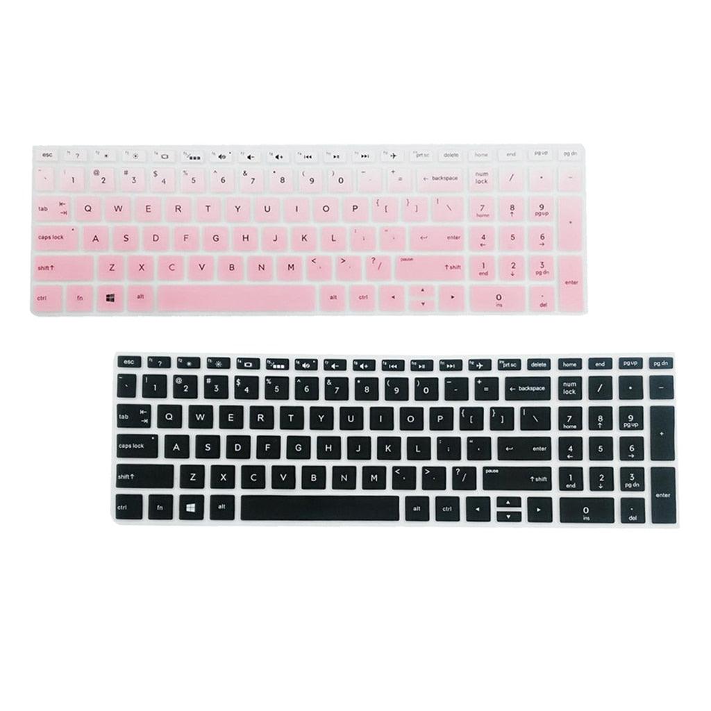 Keyboard cover with pink and black keys on a white background