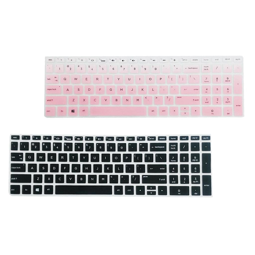 Keyboard cover with pink and black keys on a white background