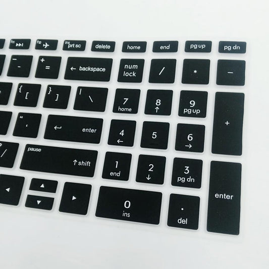 Black keyboard cover with white text on a white background