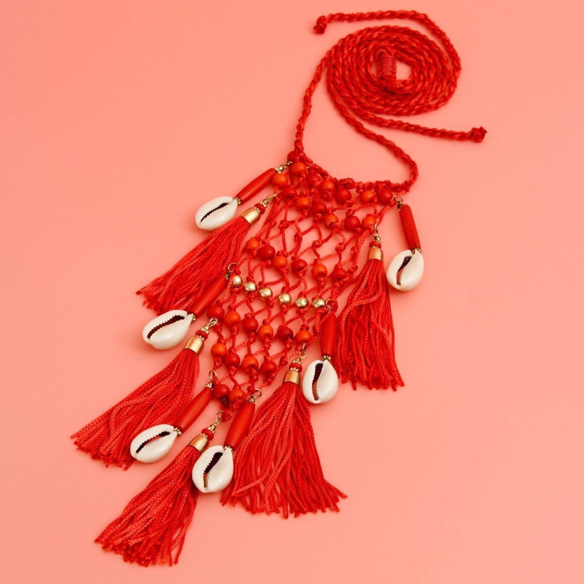 Red Cowrie Shell Tassel Long Necklace