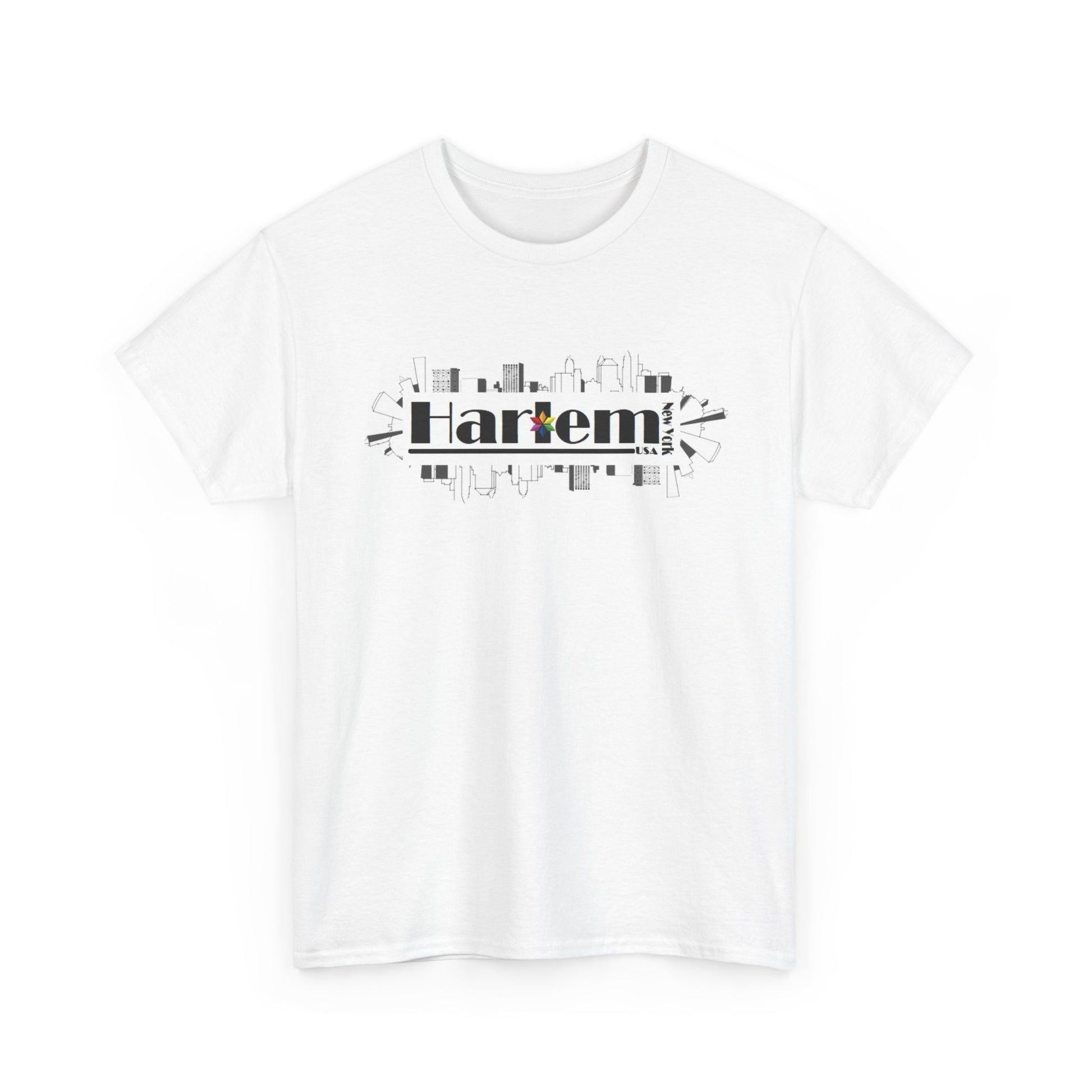 White t-shirt with 'Harlem' graphic design on a white background