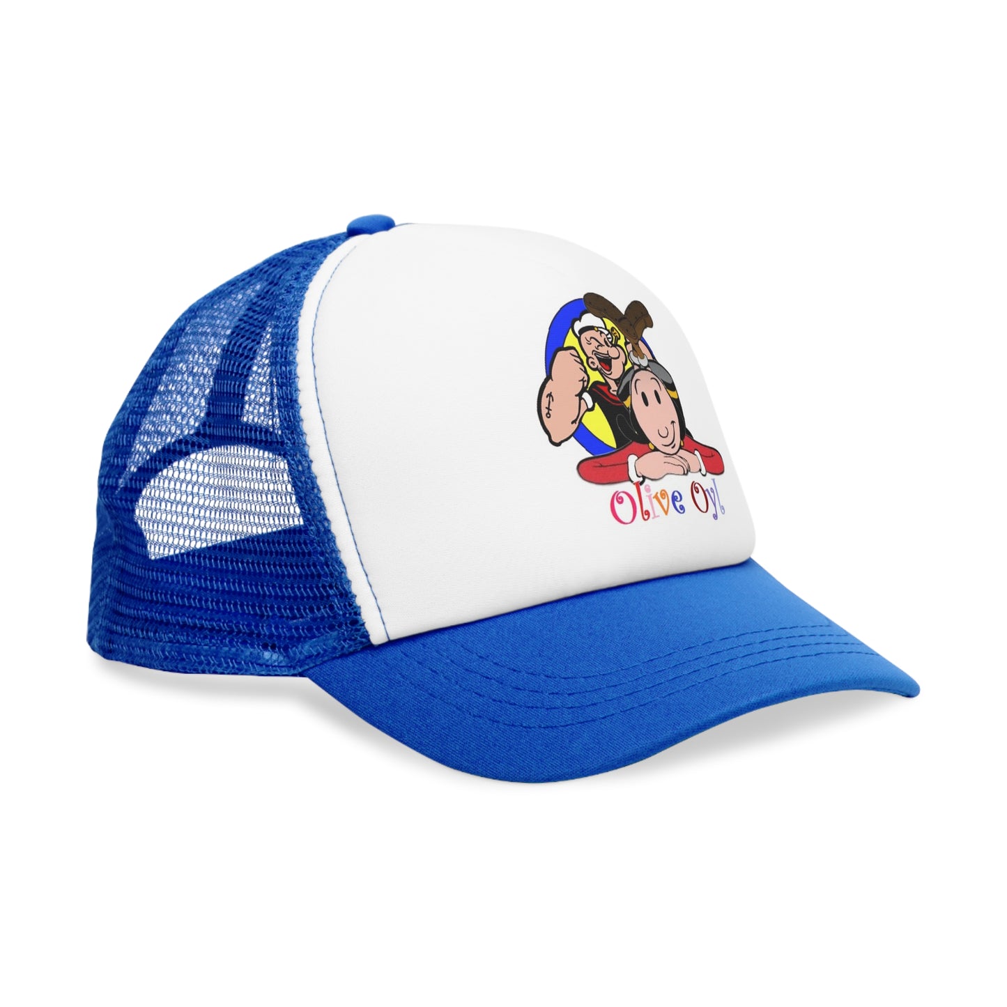 Side View Olive Oyl Popeye Mesh Polyester Ball Cap Blue