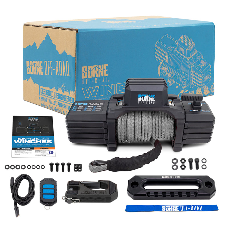 Borne Off-Road winch kit with packaging and accessories on a white background