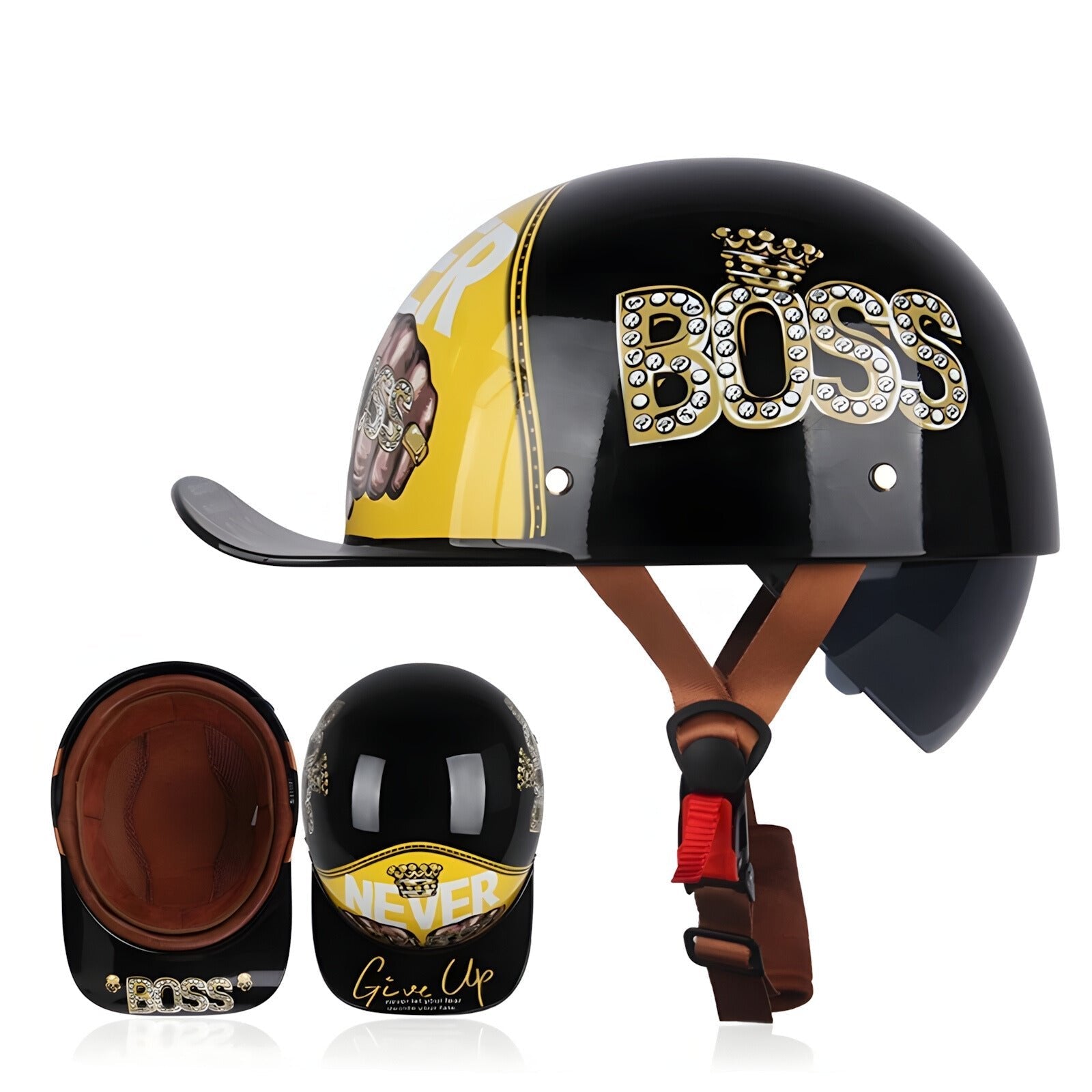 Black helmet with 'BOSS' and 'Never Give Up' text, leather straps, on a white background