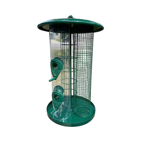 Green bird feeder with clear cylindrical body on a white background