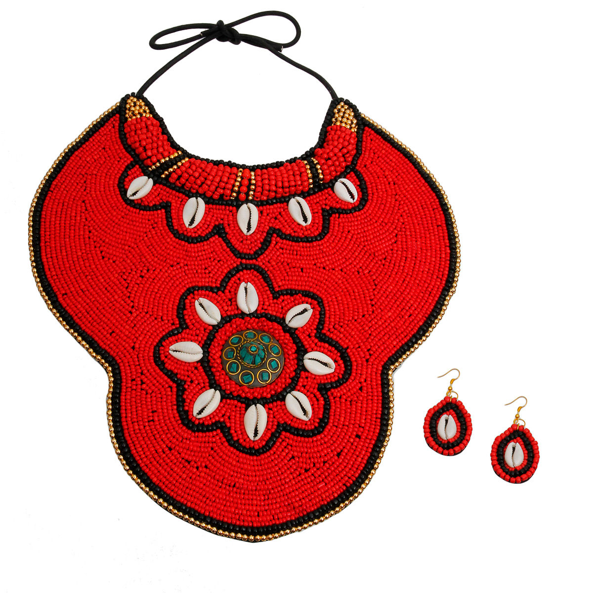 Red Bead Collar Bib Necklace Set