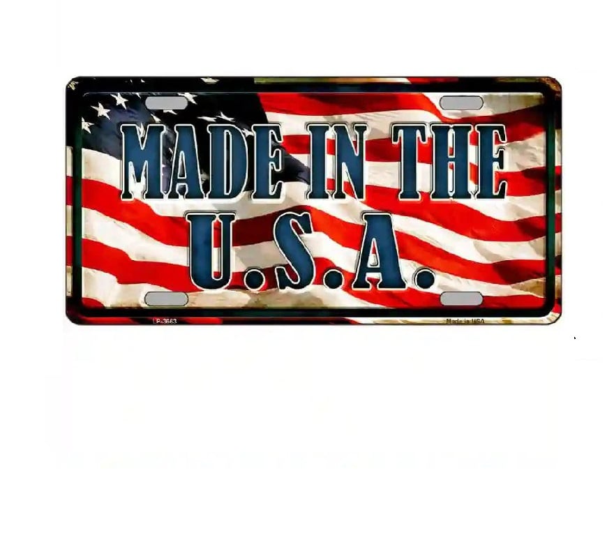 License plate with American flag design and 'Made in the U.S.A.' text