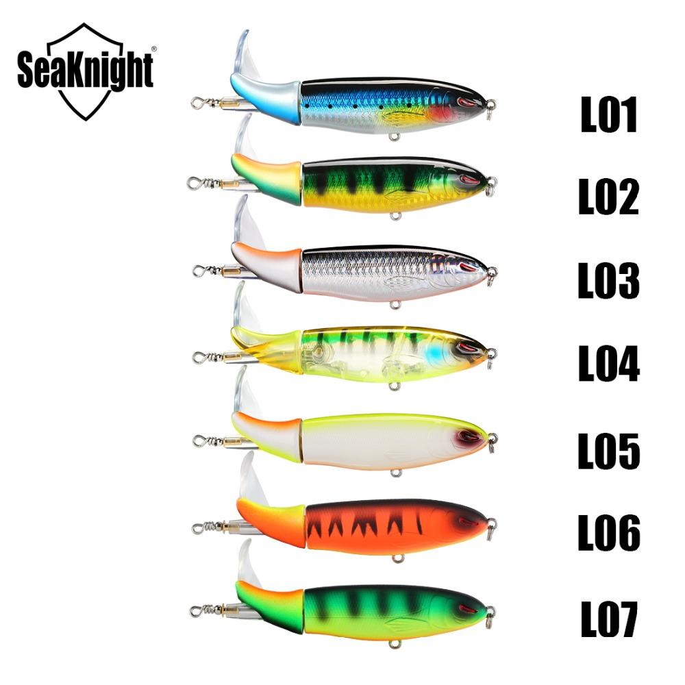 Set of seven colorful fishing lures with Seaknight branding on a white background