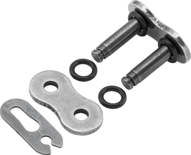 Metal chain link, bushing, and washers on a white background