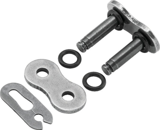 Metal chain link, bushing, and washers on a white background
