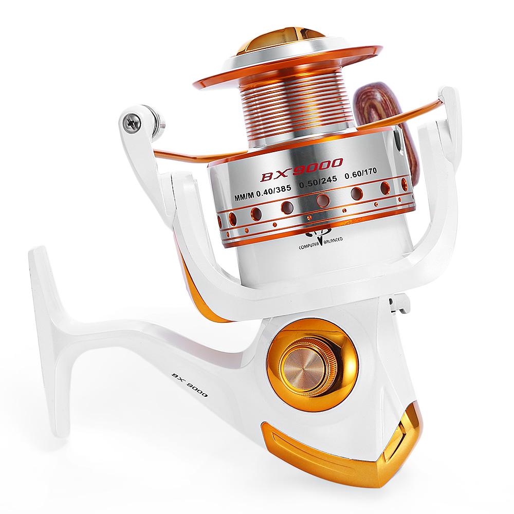 Fishing reel with white and gold design on a white background