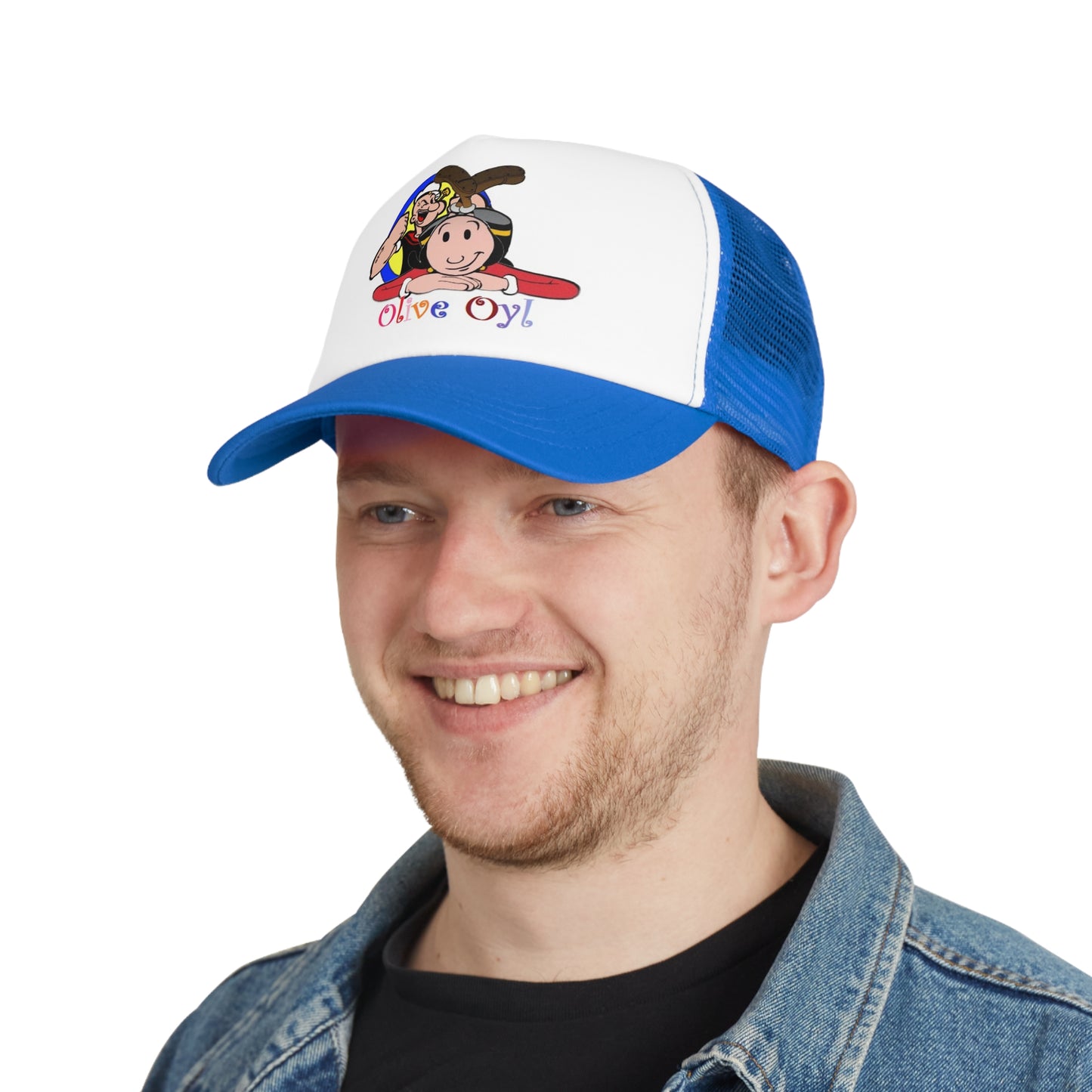 Blue Olive Oyl Popeye Mesh Polyester Ball Cap Modeled