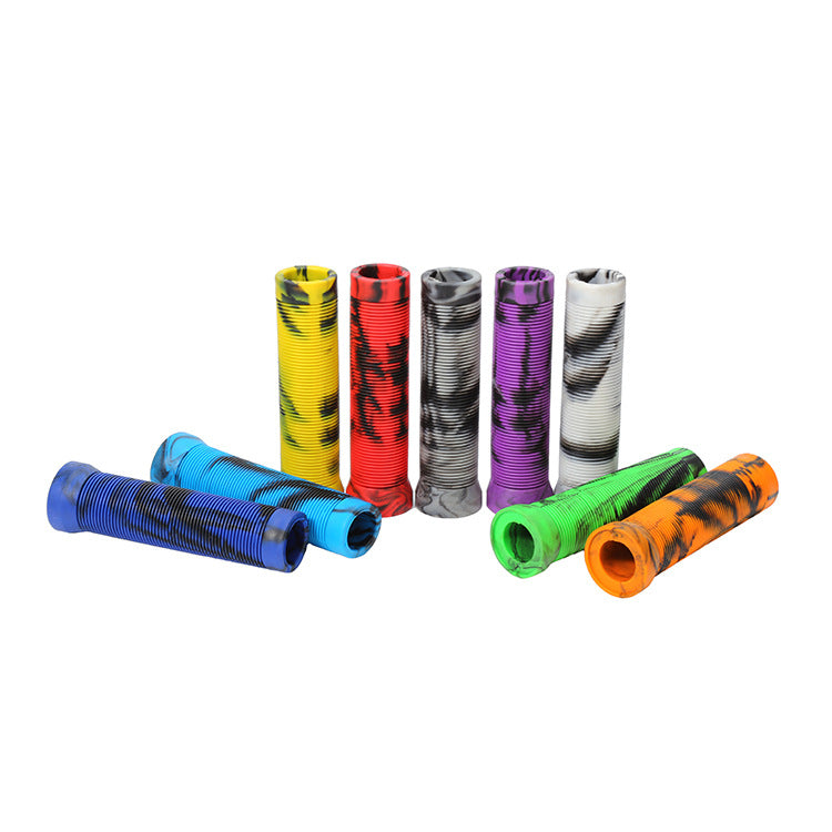 Set of colorful handlebar grips on a white background