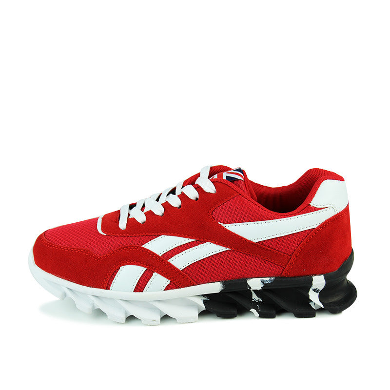 Red and white athletic shoe with a unique sole design on a white background