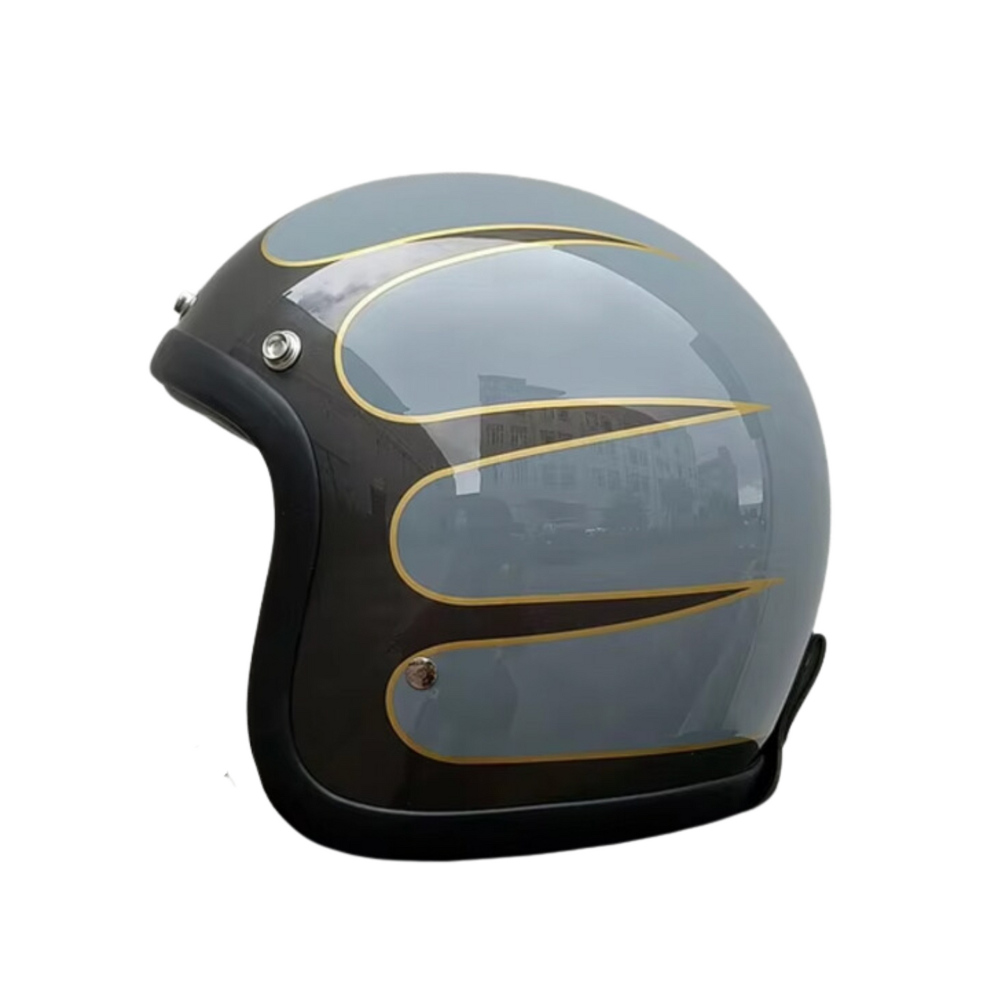Motorcycle helmet with gold accents on a white background