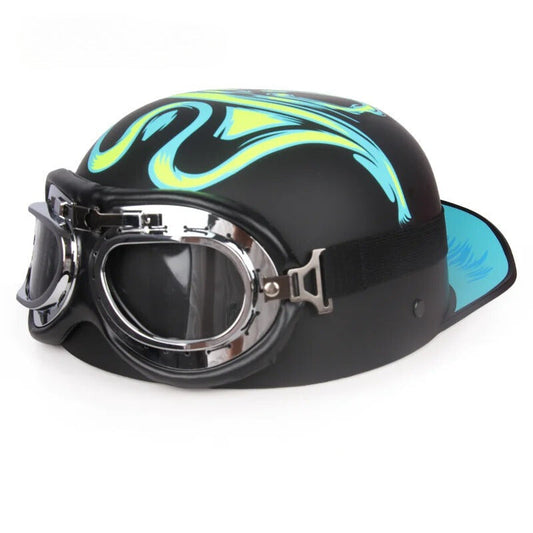 Black motorcycle helmet with colorful flame design and goggles on a white background