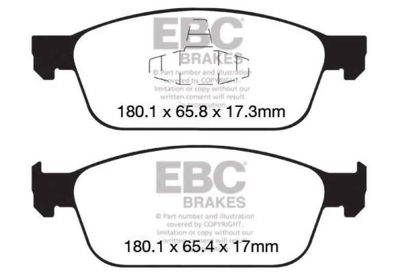 Two EBC Brakes brake pads with dimensions on a white background
