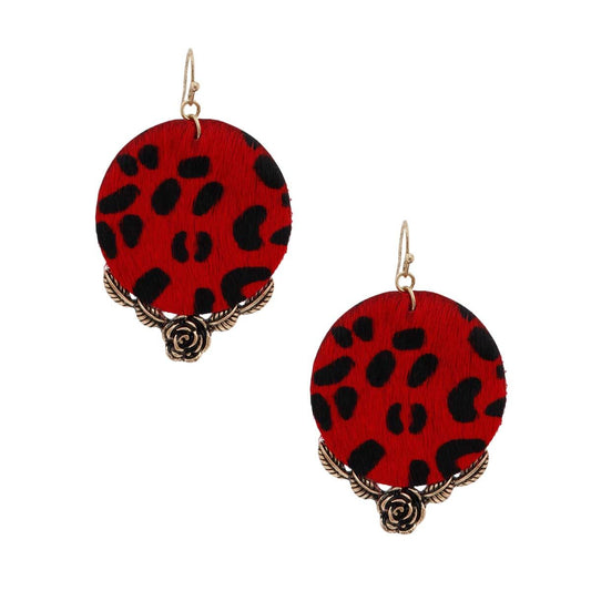 Red Leather Animal Print Circle Earrings