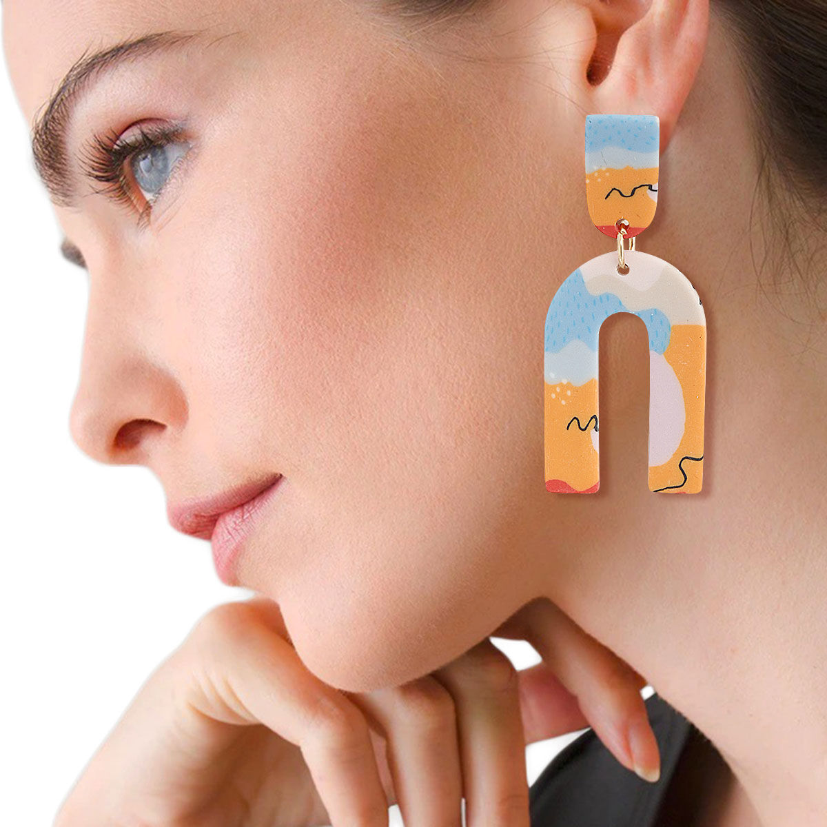 Orange Marbled Clay U Drop Earrings