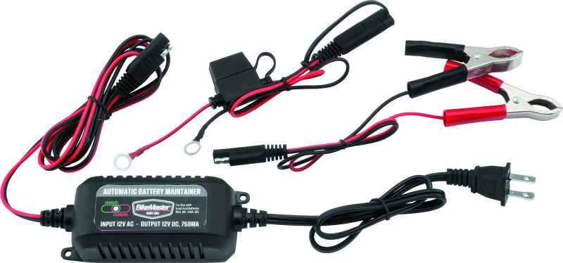 Battery charger with cables and clamps on a white background